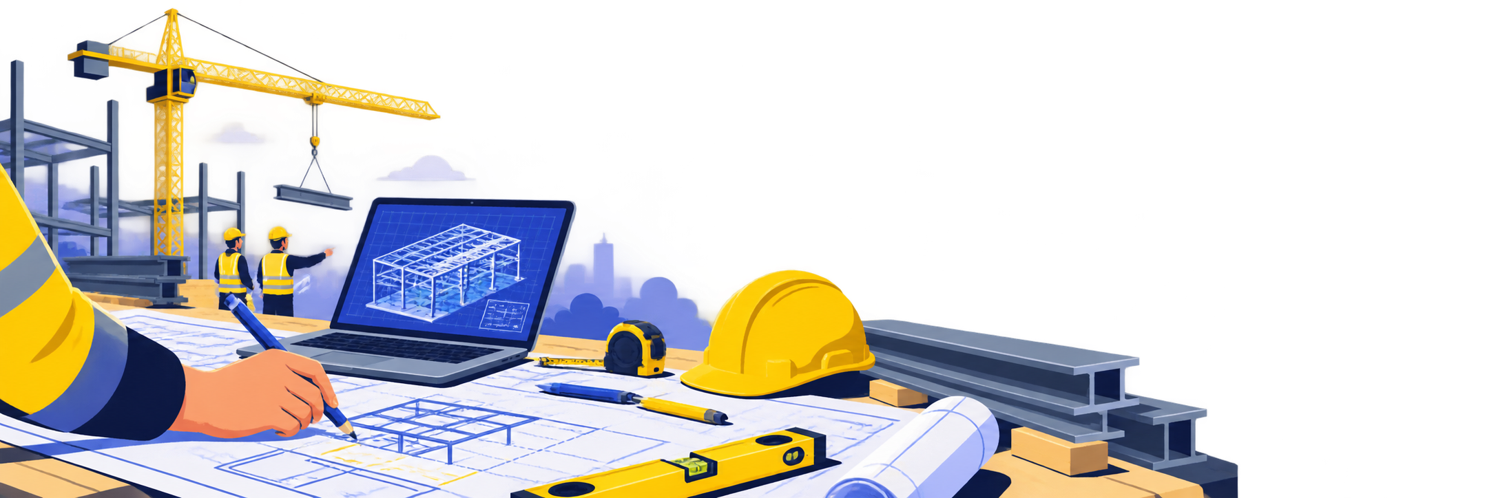 Plans, grue, casque et outils de coordination de chantier